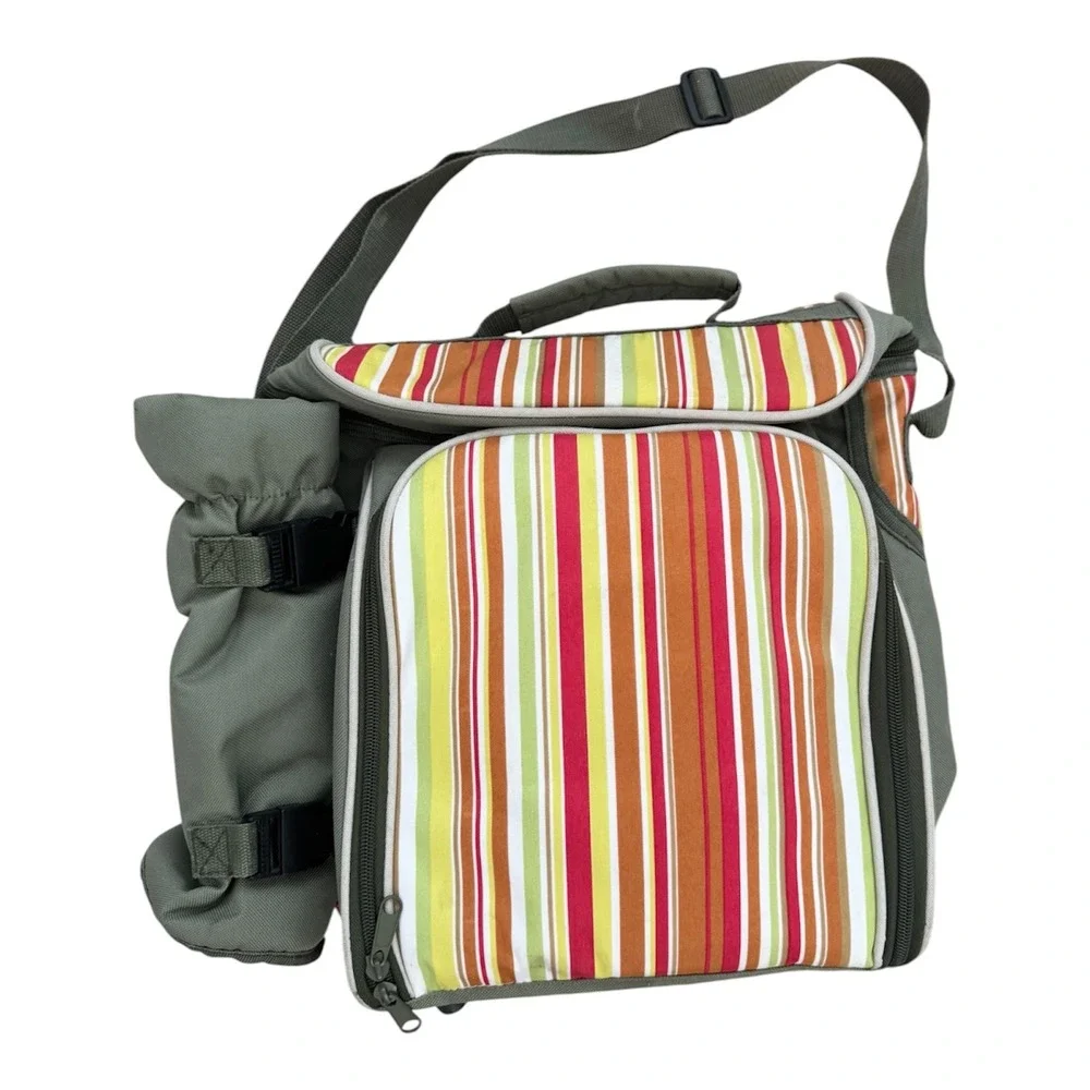 Insulated Picnic Cooler Bag Set with Service for 4 People-Striped Olive Green
